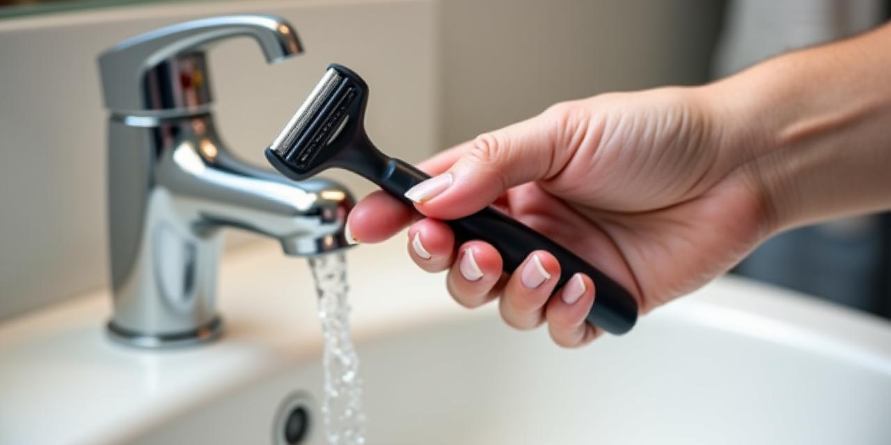 A person rinsing a BladeLogic razor head under a tap.