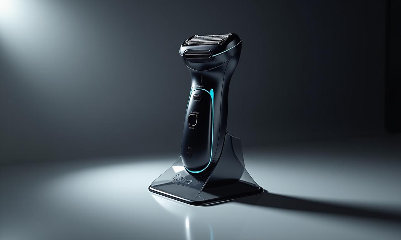 The BladeLogic X1 electric razor elegantly displayed on a minimalist stand.