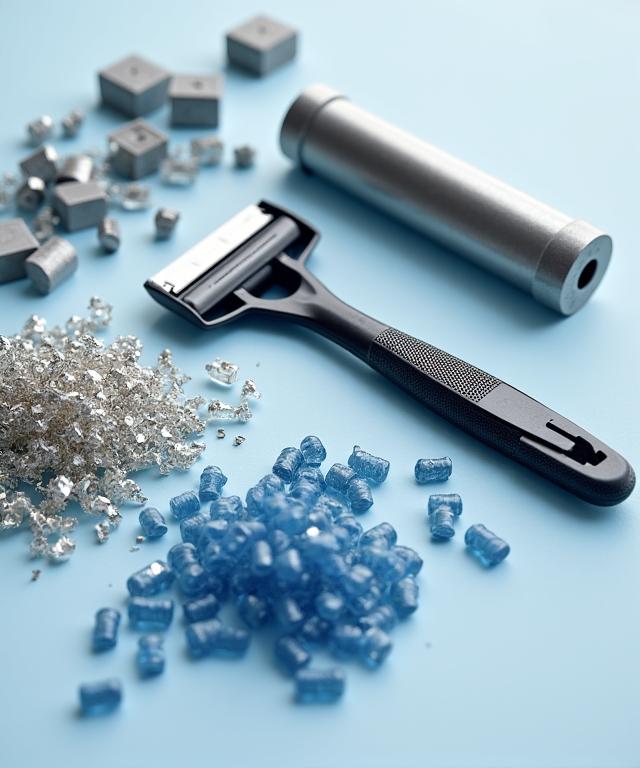 A BladeLogic razor disassembled next to piles of recycled aluminum shavings and plastics.